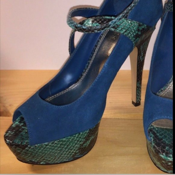 Teal Blue Suede & Snakeskin Platform Heels Sandals - Picture 1 of 7